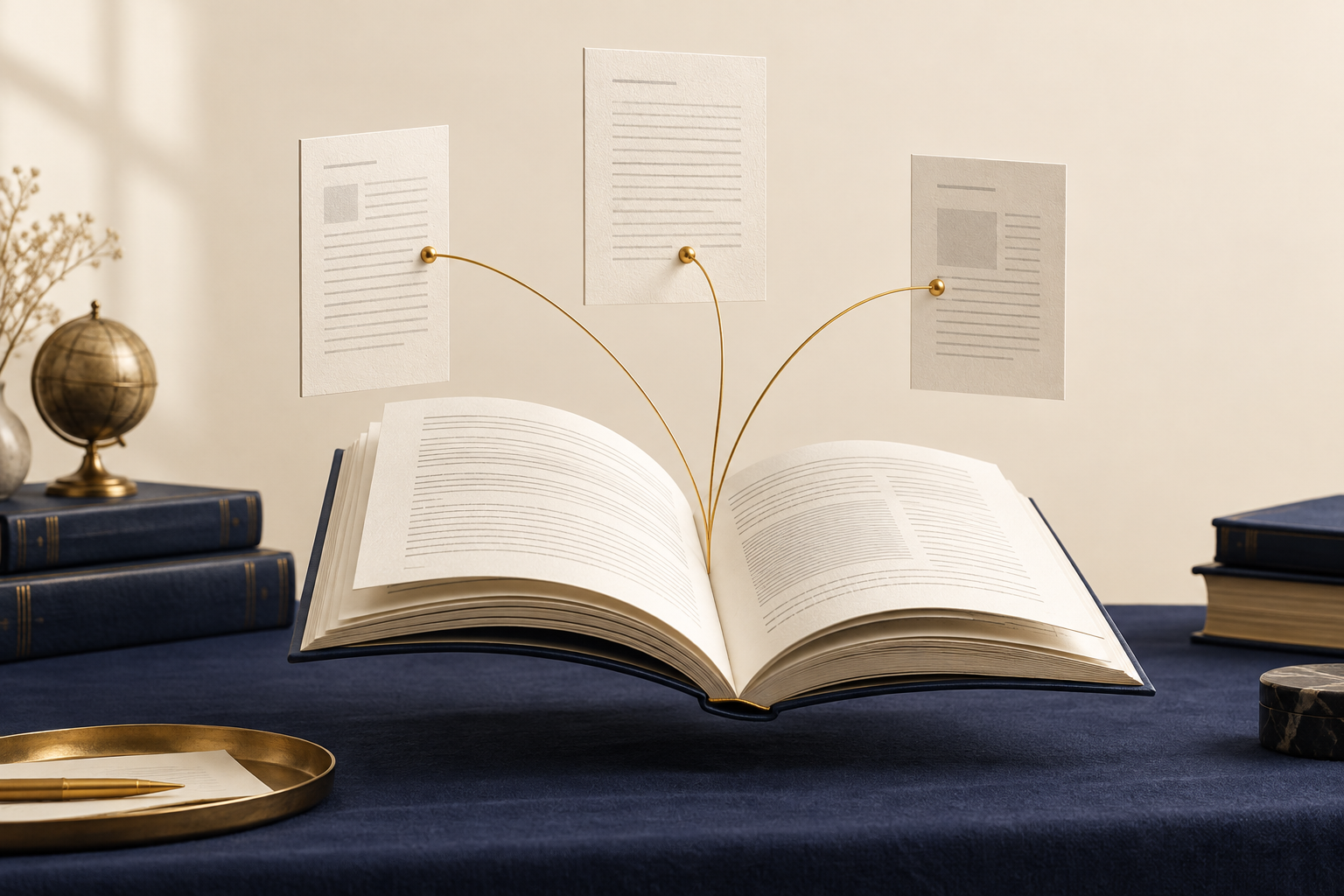 Illustration of manuscript pages connected by gold lines to an open academic journal